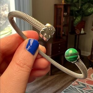 Silver Plated Mesh Teddy Bear Faux Malachite Open Cuff Bracelet - Style of Tous